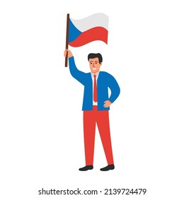 Czech Republic flag waving man.Joyful guy hand holding Czech flag.Character cartoon vector flat illustration. Isolated on white background.