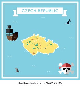 Czech Republic flat treasure map. Colorful cartoon treasure map of Czech Republic with flat icons of pirate ship, jolly roger, treasure chest and banner ribbon. Flat design vector illustration.
