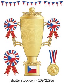 czech republic football trophy, medal and rosette, isolated on white