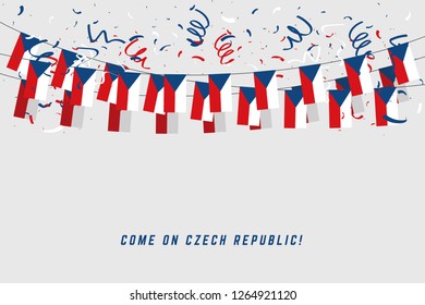 Czech Republic garland flag with confetti on gray background, Hang bunting for Czech Republic celebration template banner.