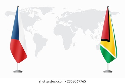 Banderas de la República Checa y Guyana para una reunión oficial en el fondo del mapa mundial.