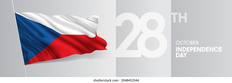 Czech Republic happy independence day greeting card, banner vector illustration. Czechia national holiday 28th of October design element with 3D waving flag on flagpole