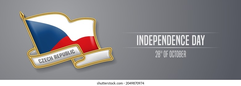 Czech Republic happy independence day greeting card, banner vector illustration. Czechia national holiday 28th of October design element with 3D pin with flag