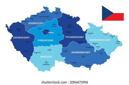 Czech Republic highly detailed map. Vector blue illustration with borders, cities and national flag
