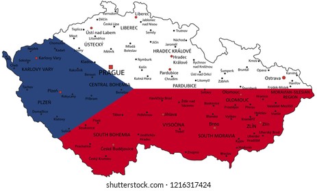Czech Republic highly detailed political map with national flag isolated on white background.