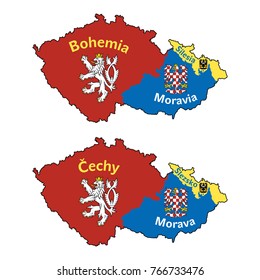 Czech republic historical countries or lands. Bohemia (Cechy), Moravia (Morava) and Silesia (Slezsko). Vector map with coat of arms.