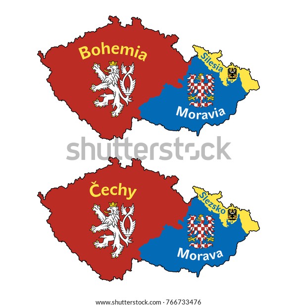 Czech republic historical countries or lands.\
Bohemia (Cechy), Moravia (Morava) and Silesia (Slezsko). Vector map\
with coat of arms.