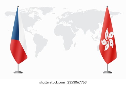 Czech Republic and Hong Kong flags for official meeting against background of world map.