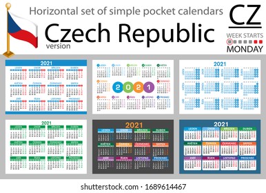 Czech Republic horizontal set of pocket calendars for 2021 (two thousand twenty one). Week starts Monday. New year. Color simple design. Vector