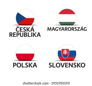 Czech Republic, Hungary, Poland and Slovakia. Set of four Czech, Hungarian, Polish and Slovak stickers. Simple icons with flags isolated on a white background 