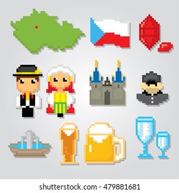 Czech Republic icon set. Pixel art. Old school computer graphic style. Games elements.