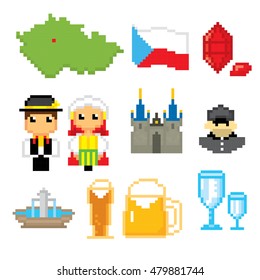 Czech Republic icon set. Pixel art. Old school computer graphic style. Games elements.
