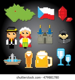 Czech Republic icon set. Pixel art. Old school computer graphic style. Games elements.