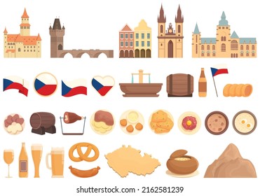 Czech Republic Icons Set Cartoon Vector. Prague Skyline. Castle Map