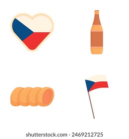 Czech republic icons set cartoon vector. Traditional food and national flag. European country