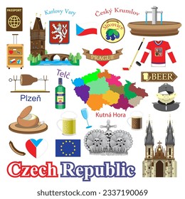 Iconos y símbolos aislados de la república checa. Ilustración vectorial de la comida y bebida nacional tradicional, monumento y arquitectura, signo y bandera