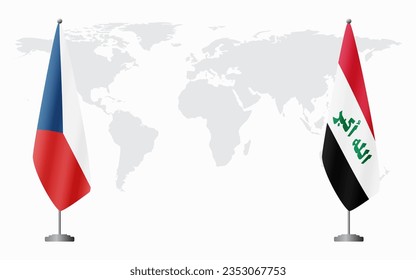 Czech Republic and Iraq flags for official meeting against background of world map.