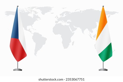 Czech Republic and Ivory Coast flags for official meeting against background of world map.