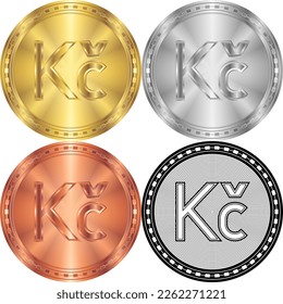Czech Republic Koruna (CZK) Currency Sign Symbol Circular Round Coin Digital Cryptocurrency Gold, Silver, Copper, Black-White Silhouette Logo Icon Isolated on White Background