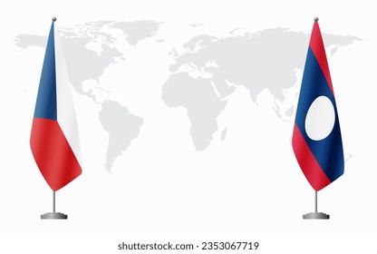Banderas de la República Checa y Laos para una reunión oficial en el fondo del mapa mundial.