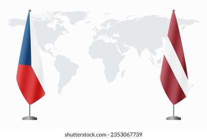 Czech Republic and Latvia flags for official meeting against background of world map.