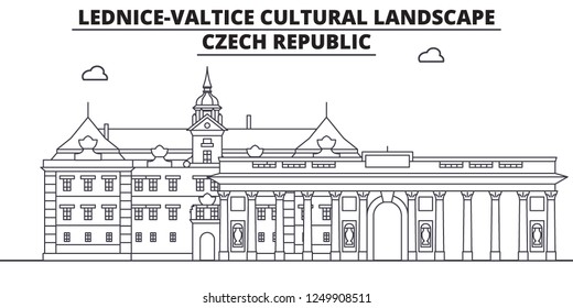 Czech Republic - Lednice - Valtice  travel famous landmark skyline, panorama, vector. Czech Republic - Lednice - Valtice  linear illustration