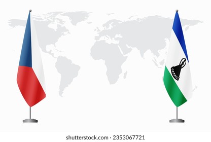 Czech Republic and Lesotho flags for official meeting against background of world map.