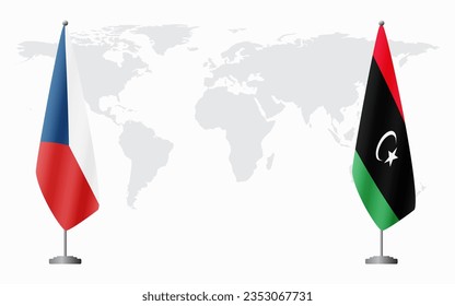 Banderas de la República Checa y Libia para una reunión oficial en el fondo del mapa mundial.