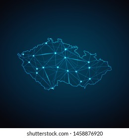 Czech Republic Map - Abstract geometric mesh polygonal network line, structure and point scales on dark background with lights in the form of cities. Vector illustration eps 10.