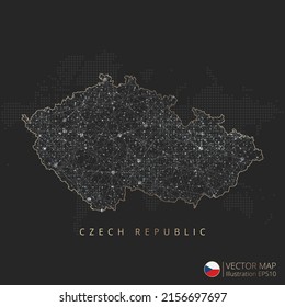 Czech Republic map abstract geometric mesh polygonal light concept with black and white glowing contour lines countries and dots on dark background. Vector illustration.