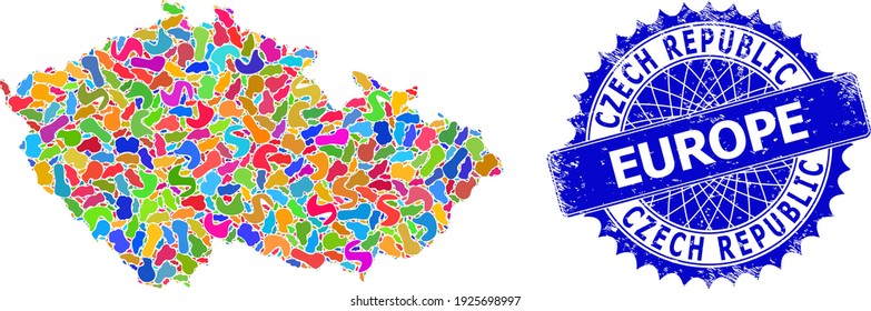 Czech Republic map abstraction. Blot mosaic map and distressed mark for Czech Republic. Sharp rosette blue mark with tag for Czech Republic map.