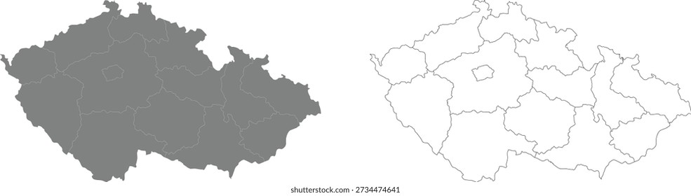 Czech Republic Map with Administrative Regions and Districts Detailed Vector Outline