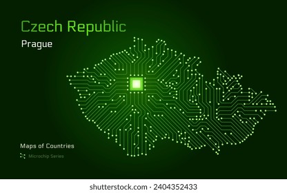 Czech Republic Map with a capital of Prague Shown in a Microchip Pattern with processor. E-government. World Countries vector maps. Microchip Series	