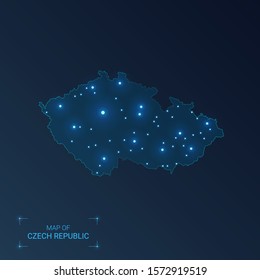 Mapa de República Checa con ciudades. Puntos luminosos - luces de neón sobre fondo oscuro. Ilustración vectorial. 