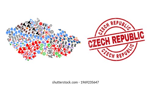 Collage de mapas de la República Checa y la imitación rayada del sello rojo de la República Checa. El sello de la República Checa utiliza líneas vectoriales y arcos. El collage de mapas de la República Checa incluye marcadores, casas, lámparas, bichos,