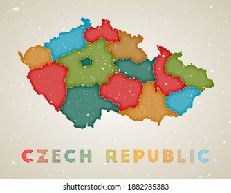 Czech Republic map with colored regions and a grunge texture. Vector illustration with the country name.