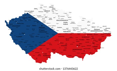Czech Republic Map Coloured By National Flag Isolated on White - Detailed map of Czech Republic vector illustration - All elements are separated in editable layers clearly labeled.