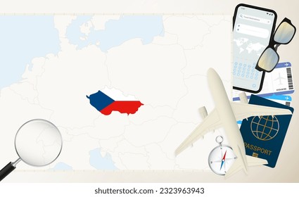 Czech Republic map and flag, cargo plane on the detailed map of Czech Republic with flag, passport, magnifying glass and airplane. Vector template.