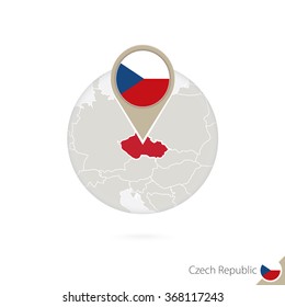 Czech Republic map and flag in circle. Map of Czech Republic, Czech Republic flag pin. Map of Czech Republic in the style of the globe. Vector Illustration.