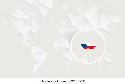 Czech Republic map with flag in contour on white polygonal World Map. Vector Illustration.