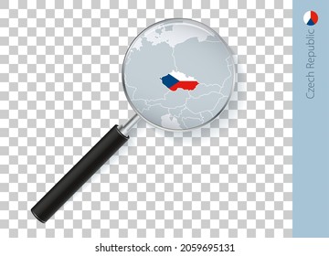Czech Republic map with flag in magnifying glass on transparent background. Vector loupe with map.