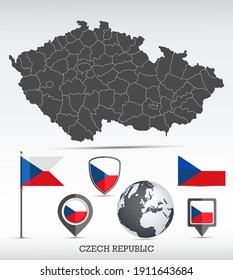 Mapa y juego de banderas de la República Checa. Forma detallada del país con bordes de área e iconos de marca.