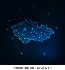 Czech Republic map glowing silhouette outline made of stars lines dots triangles, low polygonal shapes. Communication, internet technologies concept. Wireframe futuristic design. Vector illustration