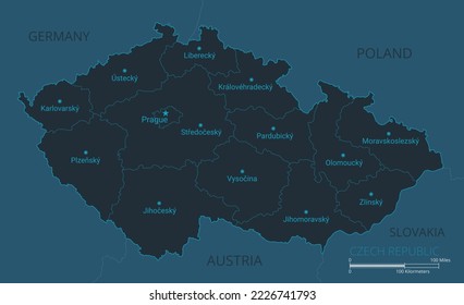 Karte der Tschechischen Republik. Hohe detaillierte Karte der Tschechischen Republik mit Ländern, Grenzen, Städten, Wasserobjekten. Vektorgrafik eps10.
