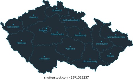 Czech Republic map high detailed with administrative divide by state, capital cities names, outline simplicity style. Vector illustration EPS10.