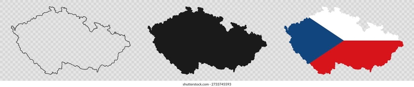 Czech Republic map icon set. Czech Republic map signs - outline, solid and Czech national flag. Vector illustration.