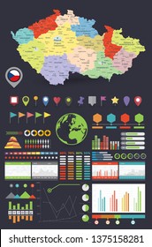Czech Republic map and Infographics design elements. Colorful design. Dark Background. Business template in flat style for presentation, booklet, website and other creative projects.