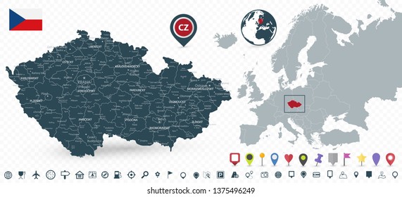 Czech Republic Map and Czech Republic location on Europe Map isolated on transparent background. Highly detailed vector illustration of map.