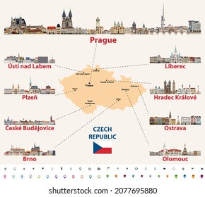 Mapa de la República Checa con las principales ciudades líneas horizontales ilustraciones vectoriales