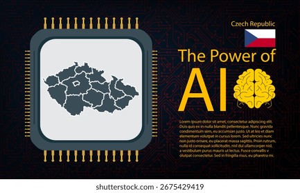 czech Republic map with microchip war and AI concept on circuit board, Power of AI with country map. Global connectivity with big data. Design for UI backgrounds or FinTech projects.